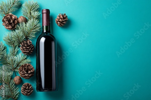 Elegant Wine Bottle Surrounded by Pine Cones and Greenery on Teal Surface for...