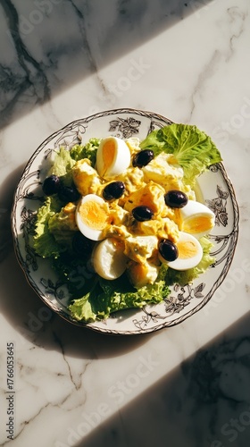 Delicious Salad With Boiled Eggs and Olives Served on a Decorative Plate in B...