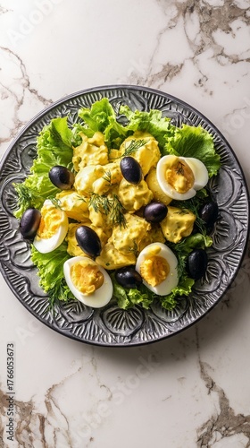 Delicious Salad With Boiled Eggs and Olives Served on a Decorative Plate in B...
