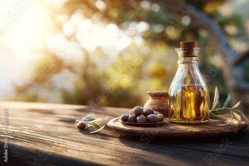 Golden Olive Oil Sits Beside Olives on a Wooden Table in a Sunlit Orchard