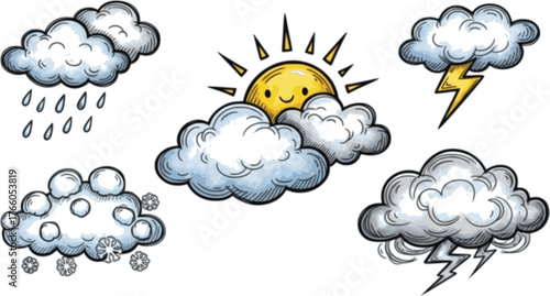 Crayon icons of weather, clouds and sun in sky. Doodle clouds with rain, lightning, snow, storm with chalk texture. Cute summer and winter weather icons drawn with crayon pencils, vector illustration