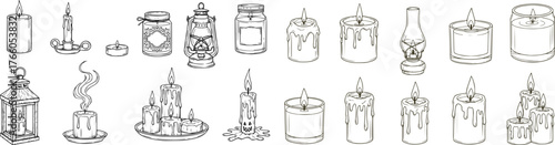 Set of Hand-Drawn Candle Sketches Collection, Vector Illustrations of Burning Wax, Oil Lamp and Paraffin Candles for Aromatherapy, Meditation, Home Decor and Vintage Halloween Design Elements 