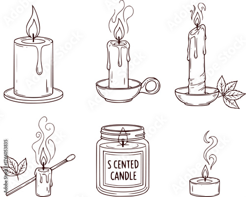 Set of Hand-Drawn Candle Sketches Collection, Vector Illustrations of Burning Wax, Oil Lamp and Paraffin Candles for Aromatherapy, Meditation, Home Decor and Vintage Halloween Design Elements 