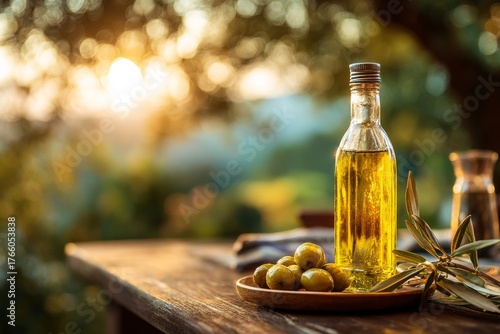 Golden Olive Oil and Fresh Olives on Rustic Table at Sunset in an Olive Grove