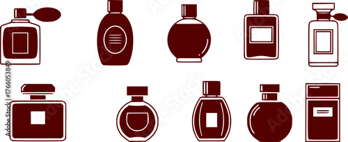 Flat icon set of parfume bottles. Man and women fragrances in various shaped bottles.

