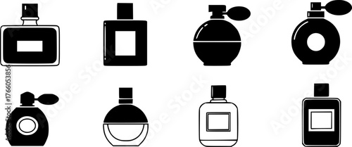 Flat icon set of parfume bottles. Man and women fragrances in various shaped bottles.
