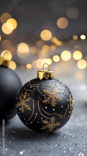 Elegant Black and Gold Christmas Ornament With Snowflakes on a Festive Backgr...