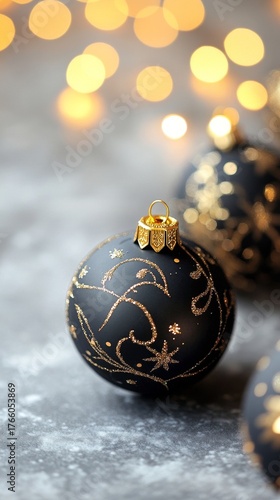 Elegant Black and Gold Christmas Ornament With Snowflakes on a Festive Backgr...