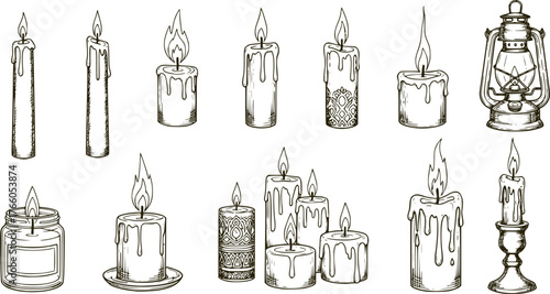 Set of Hand-Drawn Candle Sketches Collection, Vector Illustrations of Burning Wax, Oil Lamp and Paraffin Candles for Aromatherapy, Meditation, Home Decor and Vintage Halloween Design Elements 