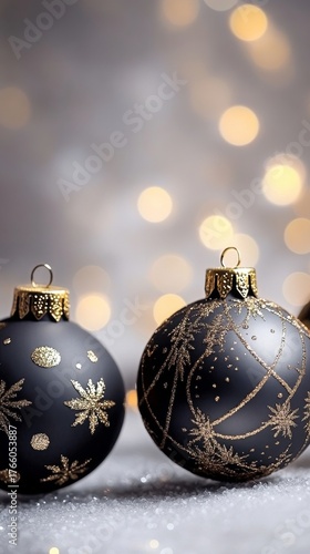 Elegant Black and Gold Christmas Ornaments on a Blurred Festive Background