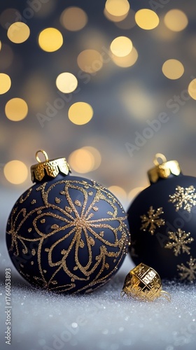 Elegant Black and Gold Christmas Ornaments on a Blurred Festive Background