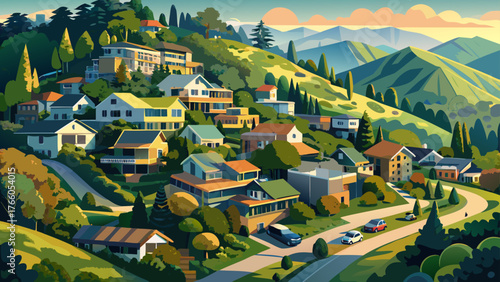 Very beautiful, aerial view of residential neighborhood with scattered houses built on hill slopes, Mill Valley, North San Francisco Bay Area, California, lush greenery, winding roads, scenic hills, 