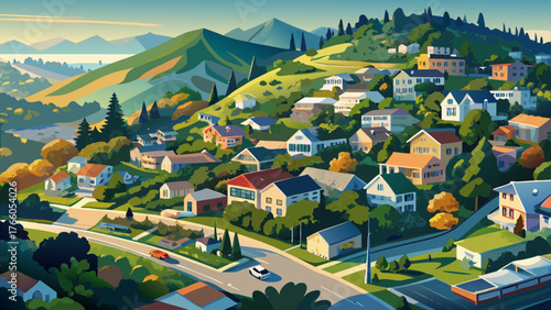 Very beautiful, aerial view of residential neighborhood with scattered houses built on hill slopes, Mill Valley, North San Francisco Bay Area, California, lush greenery, winding roads, scenic hills, 