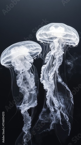 Two Ethereal Jellyfish Swim Gracefully in Dark Water, Showcasing Their Transl...