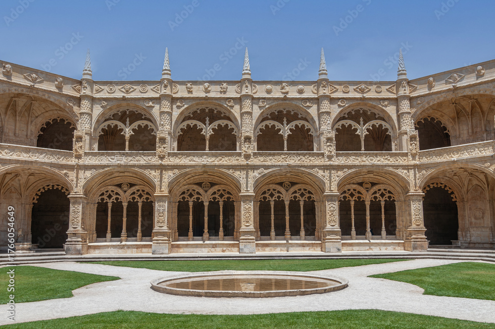 Fototapeta premium The courtyard of the Jeronimos Monastery on a summer day in Lisbon, Portugal.