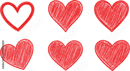 A charming collection of six hand-drawn red hearts, showcasing a sketchy, scribbled texture perfect for expressing love and affection