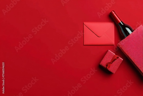 Gift Ideas for Special Occasions With Red Wine, Envelope, and Bag on a Red Ba...