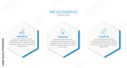 Infographic template with 3-step blue hexagon, icons and clean minimal design. Ideal for business workflow, process visualization, and presentations.