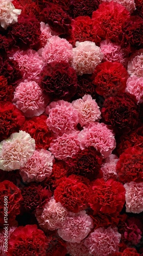 Colorful Display of Carnations With Shades of Red and Pink in a Vibrant Flora...