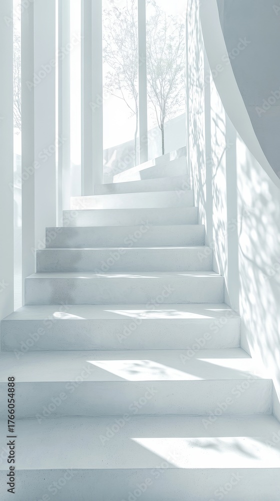Fototapeta premium Staircase Illuminated by Soft Light Showcasing Serene White Design in a Minimalist Setting