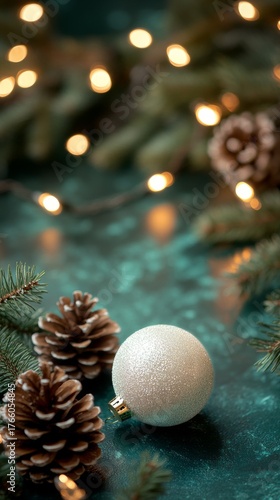 Winter Holiday Season Decoration With White Ornament and Pinecones on Green S...