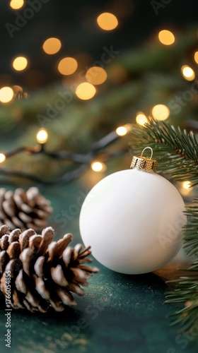 Winter Holiday Season Decoration With White Ornament and Pinecones on Green S...