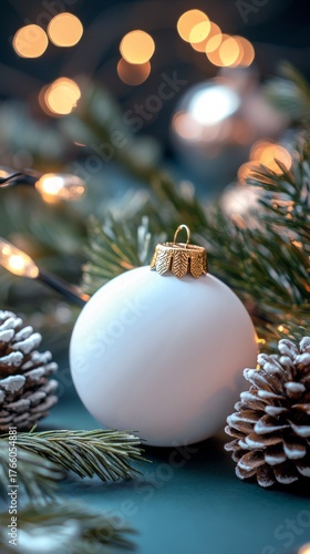 Decorative White Christmas Ornament With Pinecones and Greens Amidst Warm Hol...