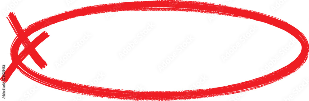 Obraz premium Hand-drawn red oval shape with a prominent cross-out mark on the left side, symbolizing rejection, error, or negation on a clean white background, ideal for graphical emphasis