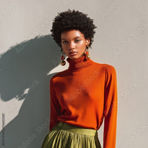 Curly Haired Woman in Orange Sweater and Green Skirt Poses Against Light Blue...