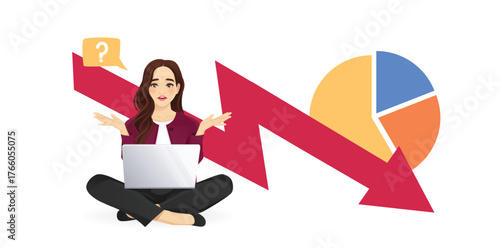 Sad disappointed young business woman sitting with a laptop in front of large downward arrow. Vector illustration isolated