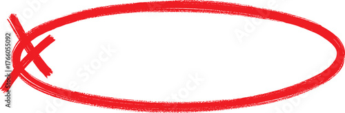Hand-drawn red oval shape with a prominent cross-out mark on the left side, symbolizing rejection, error, or negation on a clean white background, ideal for graphical emphasis