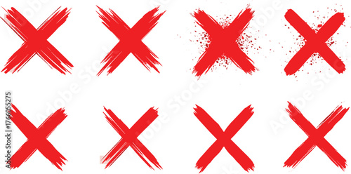 Set of grunge style X mark icons in red, illustrating cancellation, deletion, or removal concepts