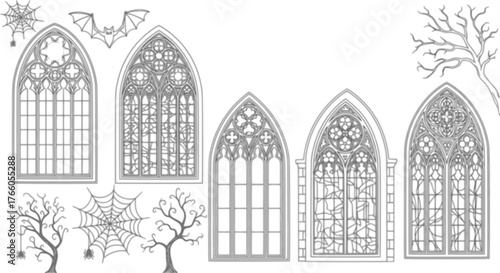 Set of Gothic Arched Window Sketches, Medieval Church Architecture Elements and Hand-Drawn Halloween Decor
