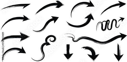 A collection of diverse hand-drawn arrows in various shapes, directions, and styles on a white background, representing movement and directionality