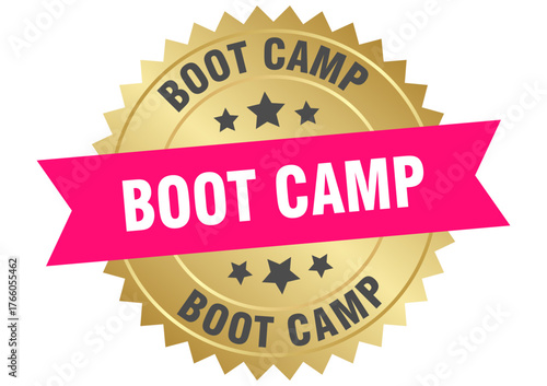 boot camp. boot camp round pink and gold label isolated on transparent background