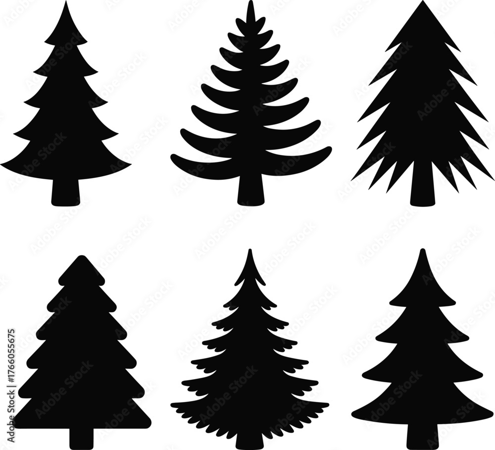 Obraz premium PrintEvergreen tree silhouettes, black pine icons, stylized forest graphic, winter nature design, holiday illustration elements, conifer shapes, vector art, outdoor theme