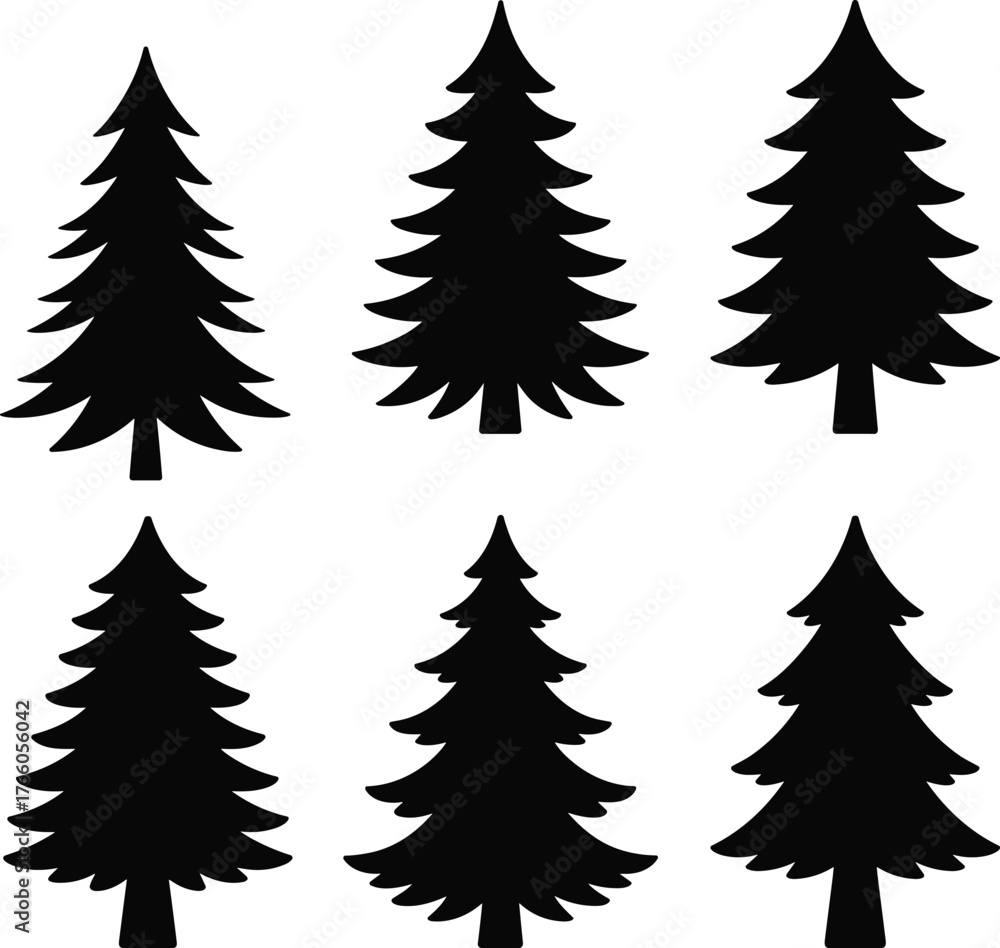 Obraz premium PrintPine tree silhouettes, black forest icons, stylized evergreen shapes, winter nature graphic, holiday design elements, conifer tree illustration, vector art, outdoor theme