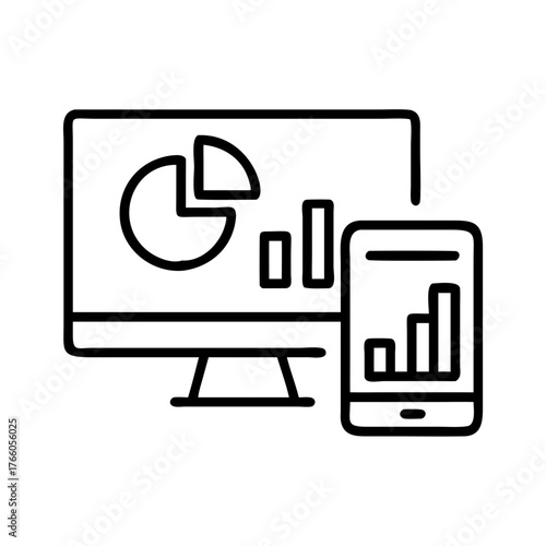 3d illustration of line art icon showing data analysis on multiple devices, with a pie chart and bar graphs displayed on a computer monitor and a smartphone