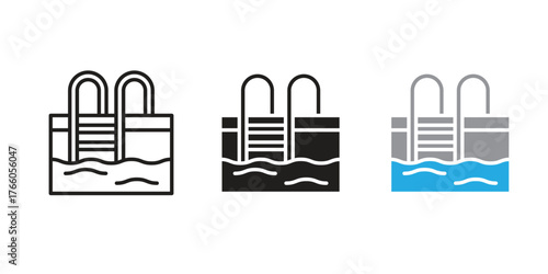 Swimming pool icons in various styles, including line art, glyph, solid, and colored, for hotel amenities, maps, or vacation apps.