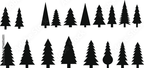 PrintStylized tree silhouettes, coniferous forest shapes, black pine icons, evergreen design elements, nature illustration set, botanical vector trees, forestry art
