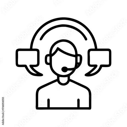 3d illustration of line art icon of a person wearing a headset with a microphone, with speech bubbles