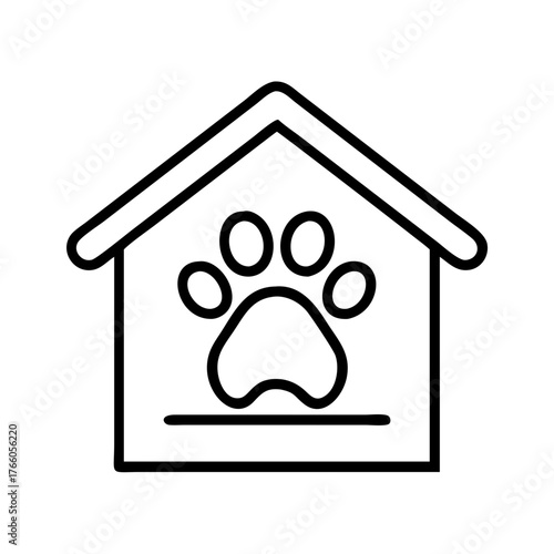 3d illustration of line art icon of a dog house with a paw print symbol on the front, representing pet care or animal shelter