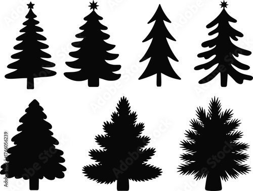 PrintStylized pine tree silhouettes, black evergreen shapes, vector Christmas trees, holiday graphic elements, star-topped trees, winter forest icons, festive tree design