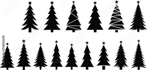 PrintChristmas tree silhouettes, holiday icons, festive tree shapes, black graphic trees, star-topped pine, seasonal design elements, vector Christmas trees