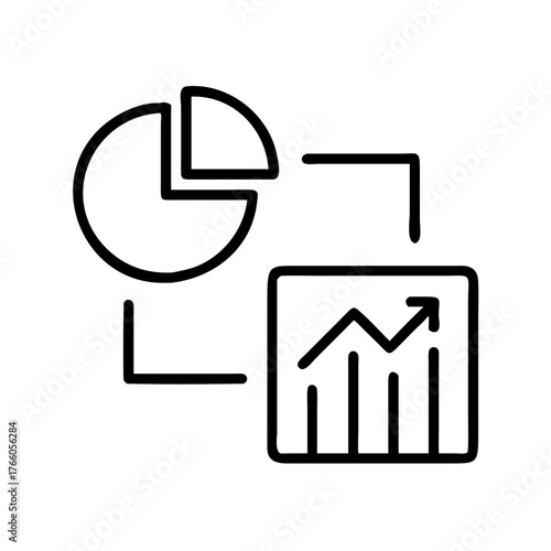 3d illustration of line art icon representing data analysis and growth, showing a pie chart and a bar graph with an upward trending arrow