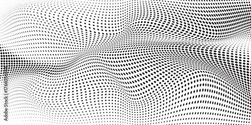 Flowing Wave Dot Halftone Pattern. Curved Gradient Shape on Transparent Background.