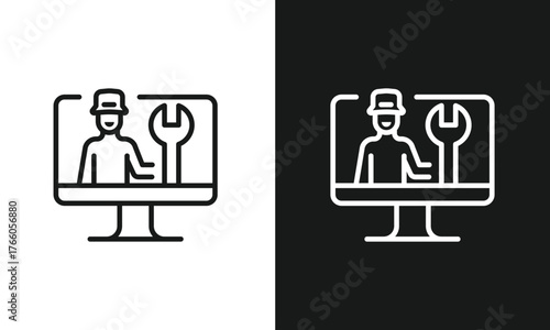 Online Tech Support Icon, Computer Repair Service Line Art, Minimalist Vector Graphic with Technician and Wrench on Monitor Screen, Symbol for IT Assistance, Troubleshooting, and Maintenance.