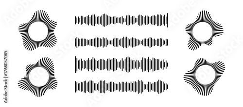 Podcast sound wave circular icons with music soundwave patterns for audio and broadcasting interfaces. Black frequency bars in radial arrangements and horizontal waveforms. Digital equalizer.