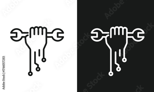 Cybernetic Hand Holding Wrench Line Art Icon, Minimalist Symbol for Tech Support, Digital Repair, and IT Maintenance, Modern Vector Graphic for Robotics, Engineering, and Configuration.