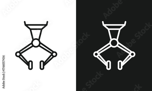 Minimalist Robotic Claw Line Art Icon, Simple Industrial Gripper Symbol, Automated Manipulator for Manufacturing, Modern Vector Graphic for Robotics and Technology, Black and White Versions.